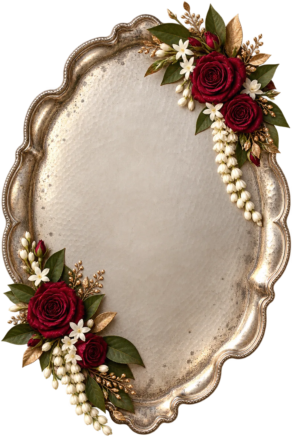 Antique silver tray decorated with roses and jasmine