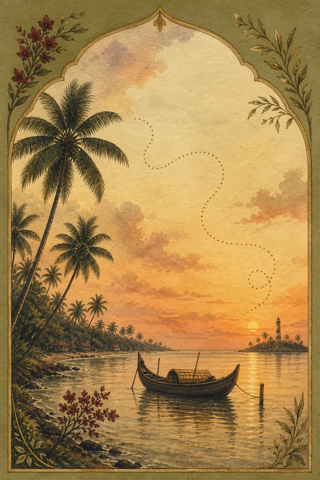Painted Kerala coast with coconut palms and a traditional boat