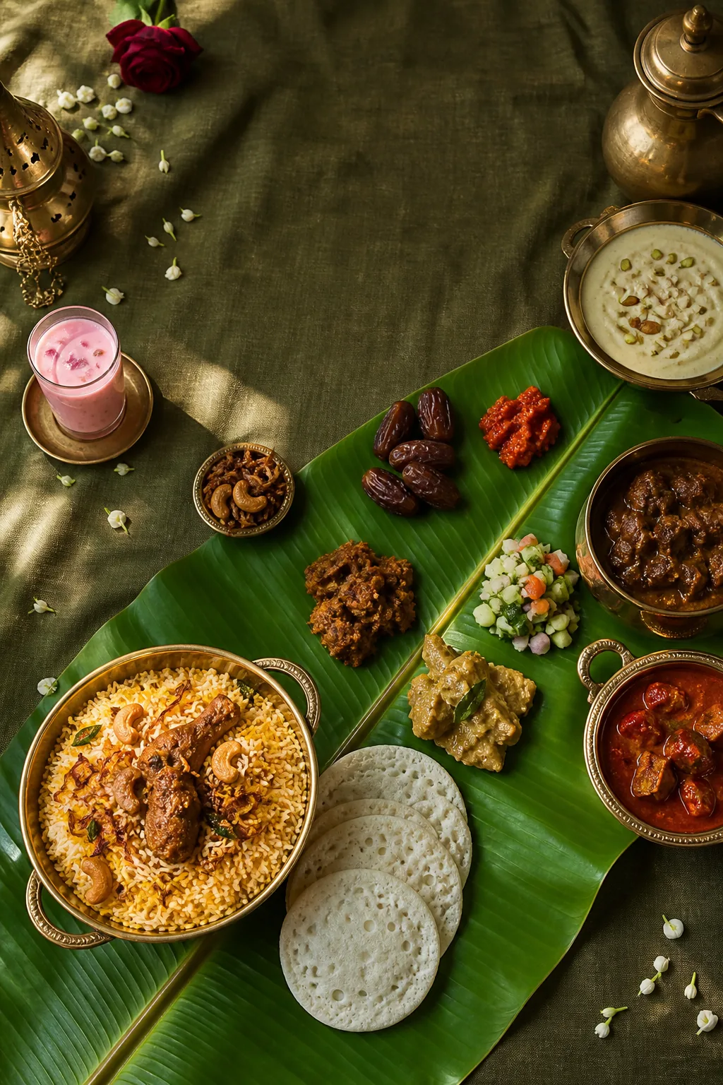 Traditional Malabar wedding feast served on banana leaf and brassware