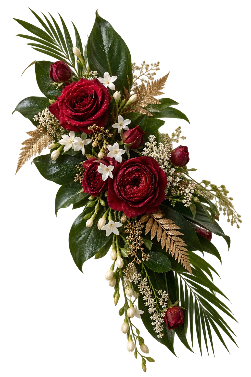 Burgundy roses, jasmine and tropical Malabar foliage
